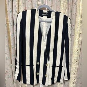 Giorgio Sant’Angelo Navy Stripe Linen Blend Blazer Size 14 EUC
